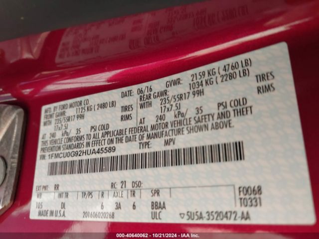 1FMCU0G92HUA45589 Ford ESCAPE SE
