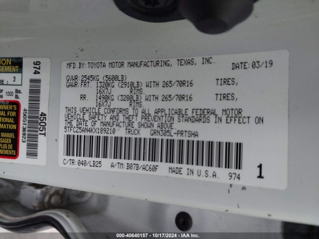5TFCZ5AN4KX189210 Toyota Tacoma Trd Pro