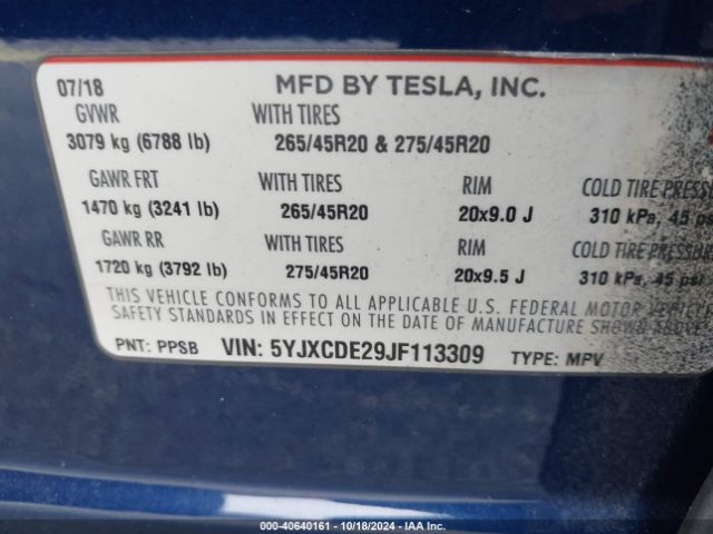 5YJXCDE29JF113309 Tesla Model X 100d/75d/p100d