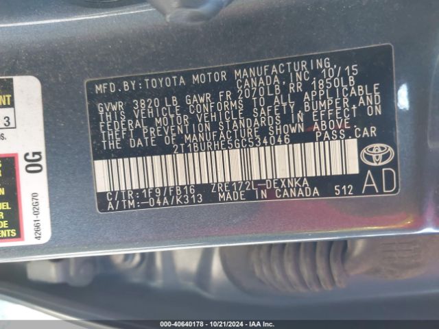 2T1BURHE5GC534046 Toyota COROLLA LE
