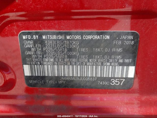 JA4AR3AUXJU005837 Mitsubishi Outlander Sport 2.0 Le