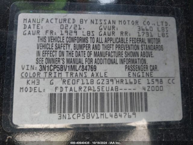 3N1CP5BV1ML484769 Nissan Kicks S Xtronic Cvt