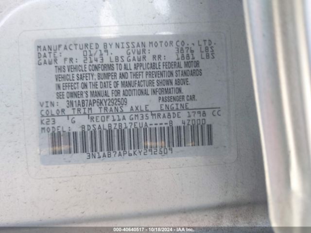 3N1AB7AP6KY292509 Nissan SENTRA S