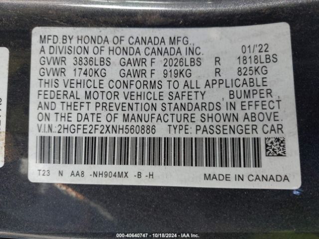 2HGFE2F2XNH560886 Honda Civic Lx