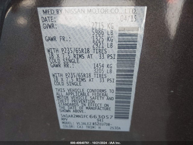 Nissan Pathfinder Sv 2015 5N1AR2MN1FC663057 Image 9