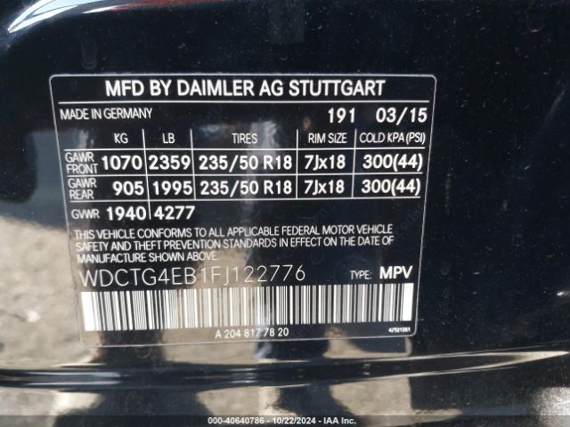 WDCTG4EB1FJ122776 Mercedes-Benz GLA 250