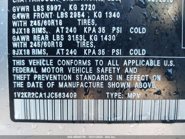 1V2KR2CA1JC563409 Volkswagen Atlas 3.6l V6 Se
