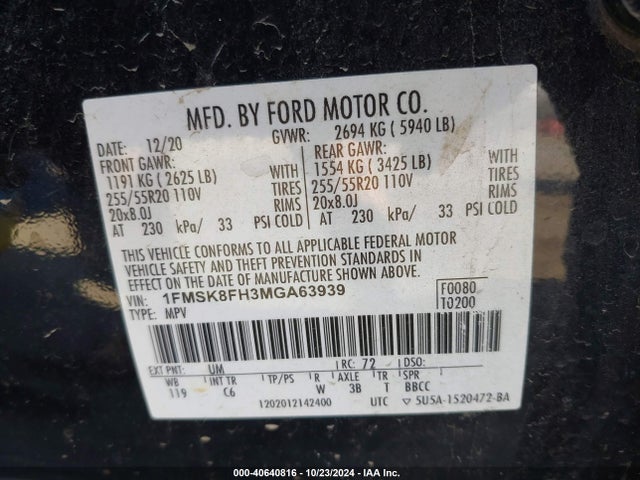 Ford Explorer Limited 2021 1FMSK8FH3MGA63939 Image 9