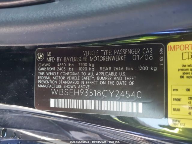 2008 BMW M6 WBSEH93518CY24540 Photo 8