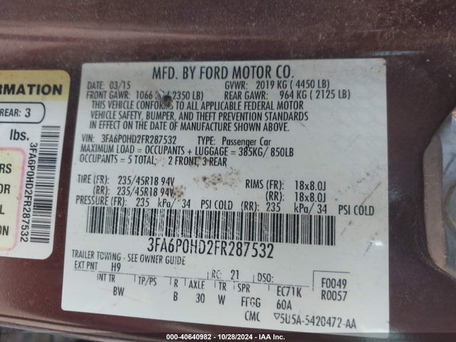 Ford Fusion 2015 3FABP0HD2FR287532 Image 9