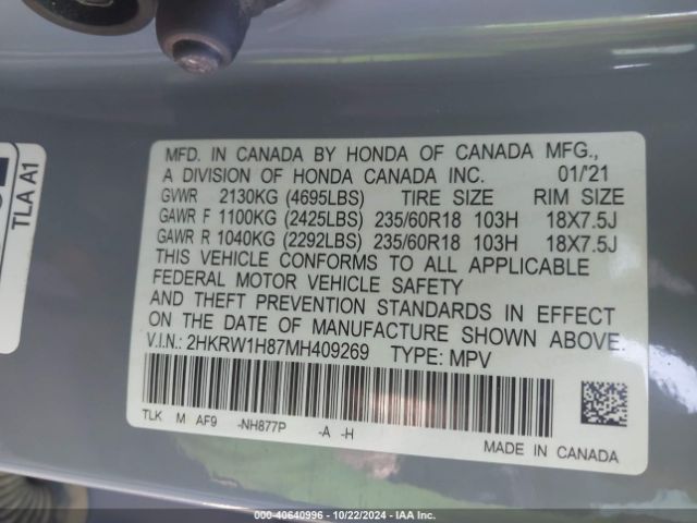 2HKRW1H87MH409269 Honda Cr-v 2wd Ex-l