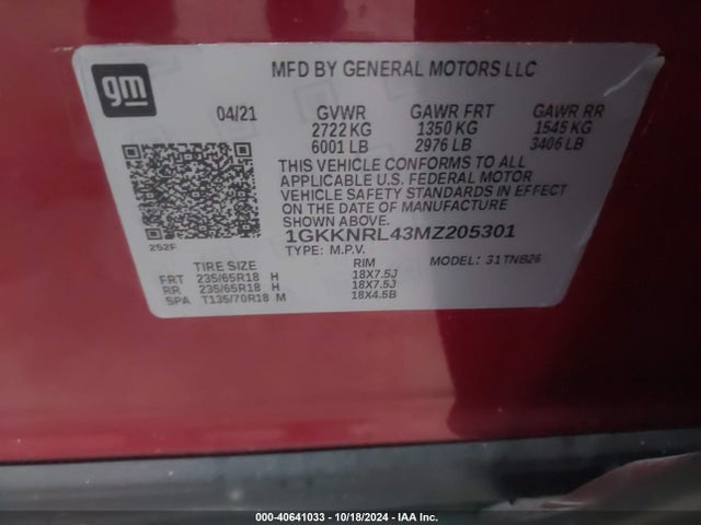1GKKNRL43MZ205301 GMC Acadia Awd Sle