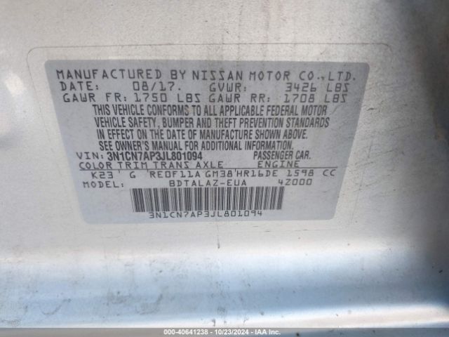 3N1CN7AP3JL801094 Nissan Versa 1.6 S+