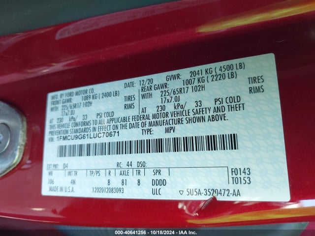 Ford ESCAPE SE 2020 1FMCU9G61LUC70671 Image 9