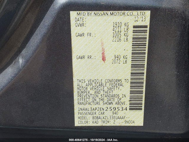 Nissan Altima 2.5 Sl 2014 1N4AL3AP2EN259534 Image 9