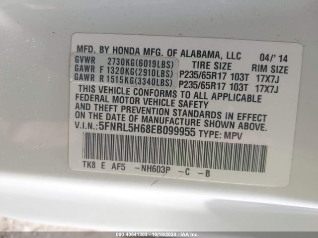Honda Odyssey Ex-l 2014 5FNRL5H68EB099955 Image 9