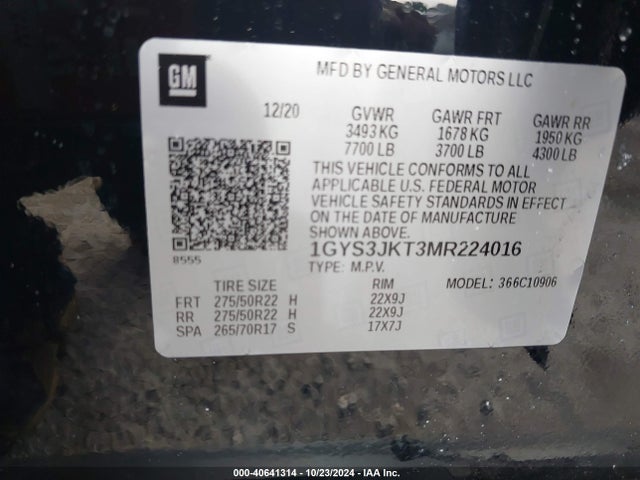 1GYS3JKT3MR224016 Cadillac Escalade Esv 2wd Luxury