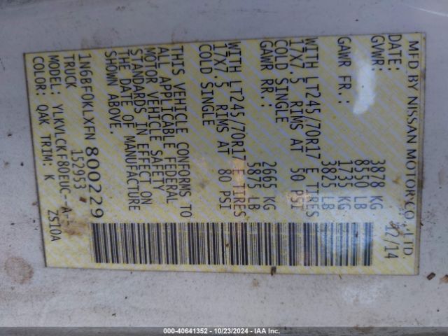 1N6BF0KLXFN800229 Nissan Nv Cargo Nv1500 S V6