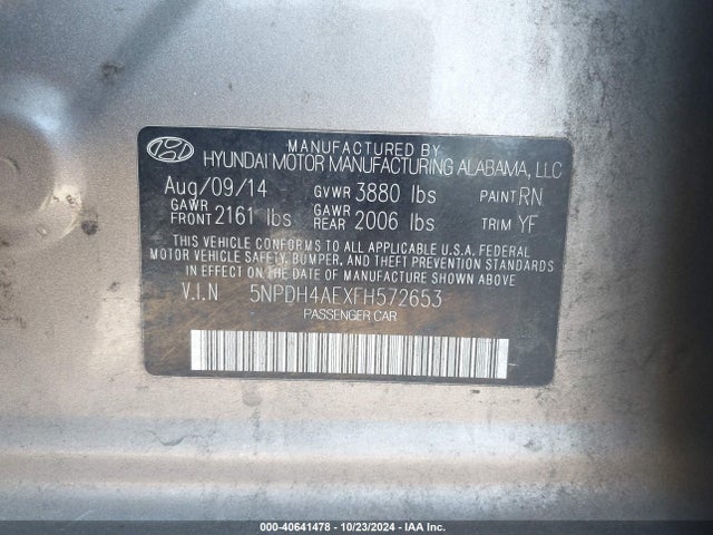 Hyundai Elantra Limited 2015 5NPDH4AEXFH572653 Image 9