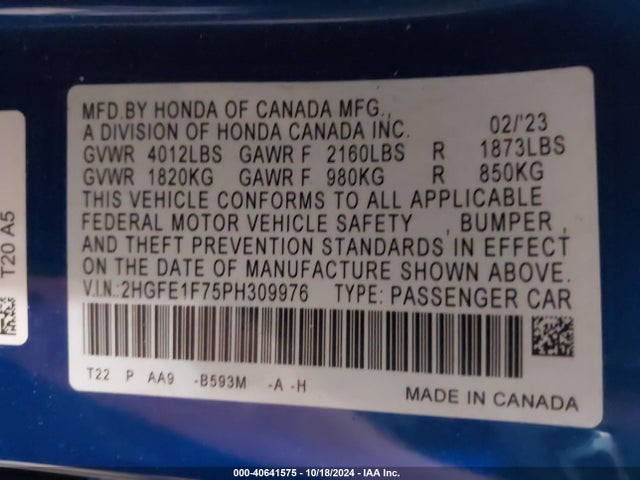 Honda Civic Ex /ex W/o Bsi 2023 2HGFE1F75PH309976 Image 9