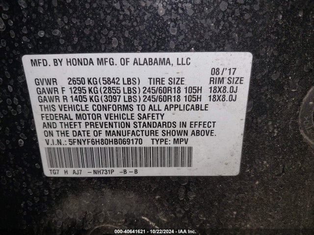 Honda Pilot Ex-l 2017 5FNYF6H80HB069170 Image 9