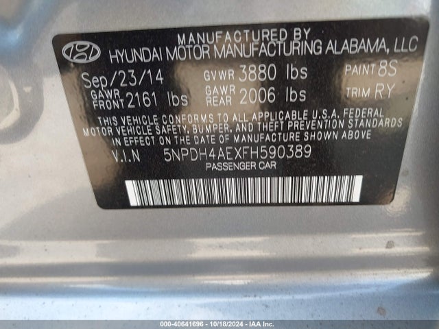 Hyundai ELANTRA SE 2015 5NPDH4AEXFH590389 Image 9