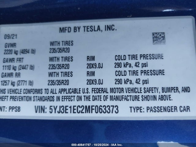 2021 TESLA MODEL 3 5YJ3E1EC2MF063373 Photo 8