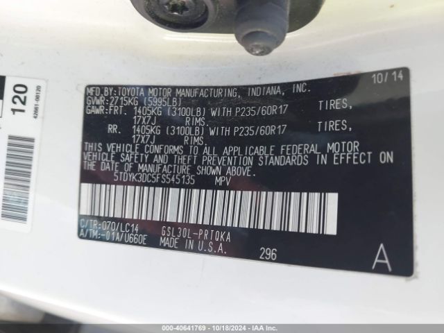 5TDYK3DC5FS545135 Toyota Sienna Xle 8 Passenger