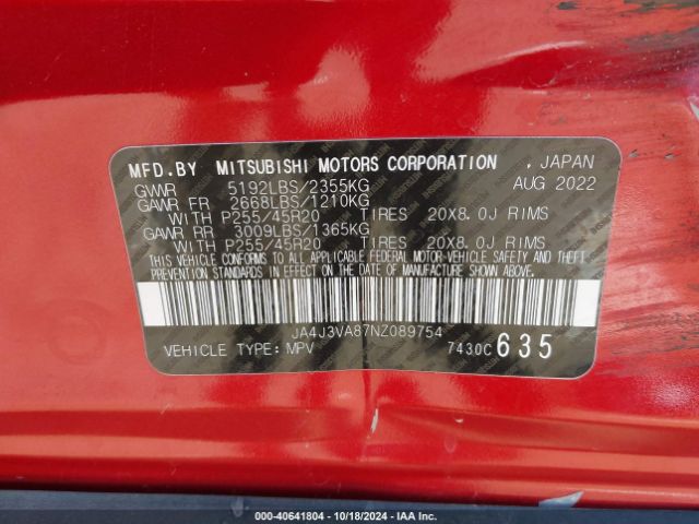 JA4J3VA87NZ089754 Mitsubishi Outlander Sel Special Edition 2wd