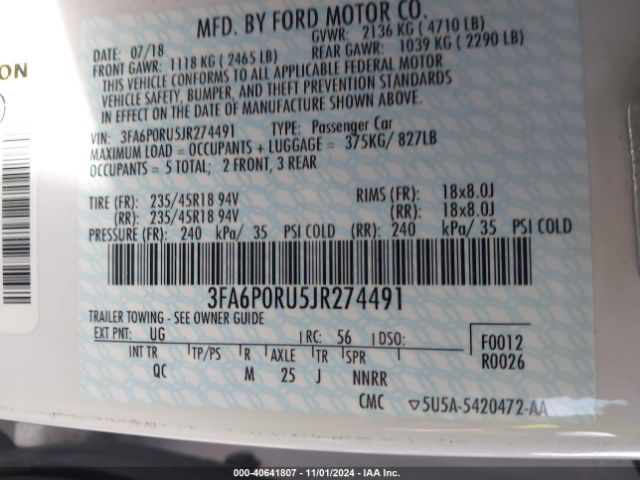 3FA6P0RU5JR274491 Ford Fusion Hybrid Platinum