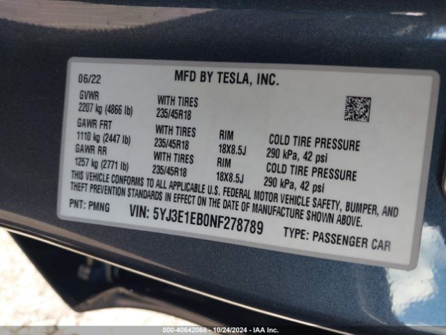 5YJ3E1EB0NF278789 Tesla Model 3 Long Range Dual Motor All-wheel Drive
