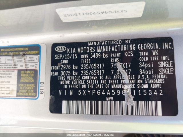 5XYPG4A59GG115342 KIA Sorento 3.3l Lx