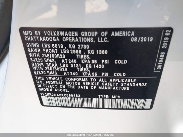 1V2NR2CA8KC599483 Volkswagen Atlas 3.6l V6 Sel Premium