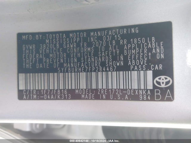 Toyota COROLLA LE 2015 5YFBURHE7FP284467 Image 9