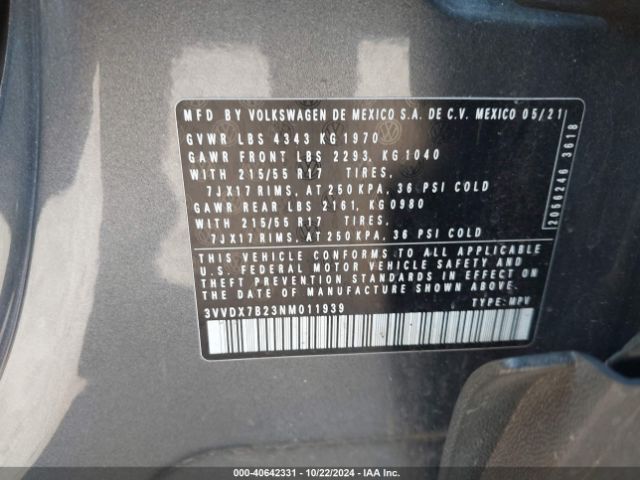 3VVDX7B23NM011939 Volkswagen Taos 1.5t S