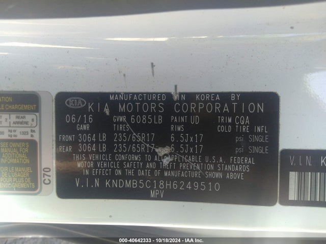 KIA SEDONA LX 2017 KNDMB5C18H6249510 Image 9