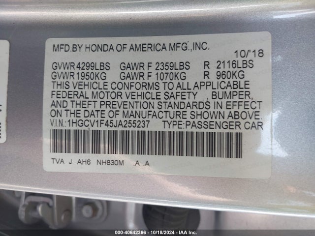 Honda ACCORD EX 2018 1HGCV1F45JA255237 Image 9