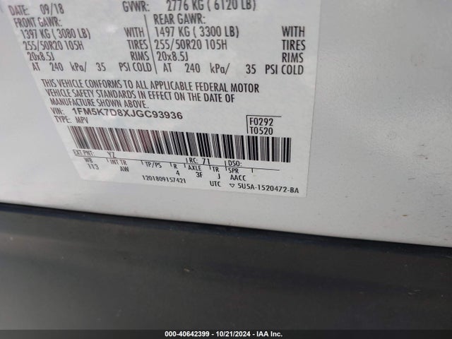 Ford EXPLORER XLT 2018 1FM5K7D8XJGC93936 Image 9