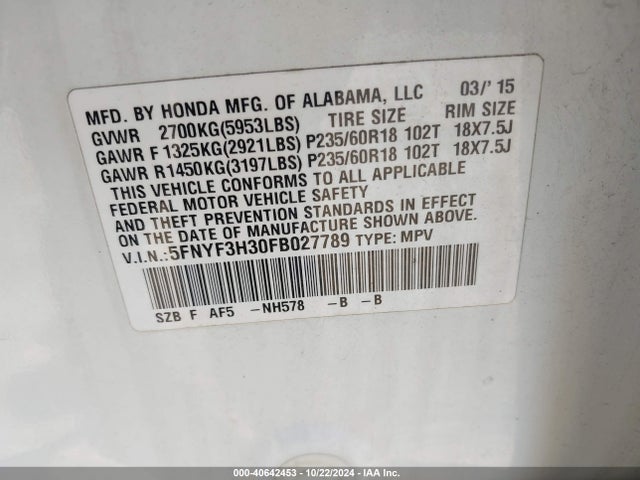 Honda PILOT SE 2015 5FNYF3H30FB027789 Image 9
