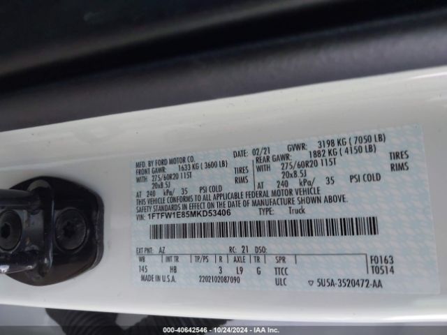 1FTFW1E85MKD53406 Ford F-150 Lariat