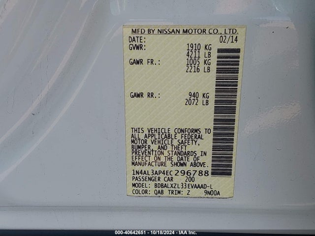 Nissan Altima 2.5 Sl 2014 1N4AL3AP4EC296788 Image 9
