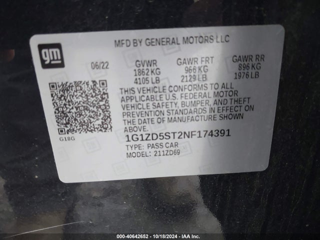 40642652 :رقم المزاد ، 1G1ZD5ST2NF174391 vin ، 2022 Chevrolet Malibu Fwd Lt مزاد بيع