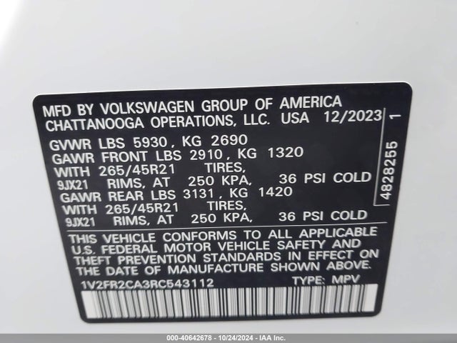 1V2FR2CA3RC543112 Volkswagen Atlas 2.0t Sel Premium R-line