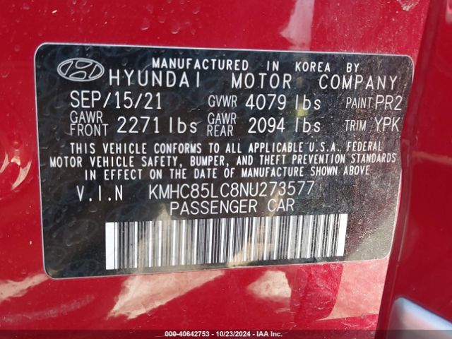 KMHC85LC8NU273577 Hyundai Ioniq Hybrid Sel