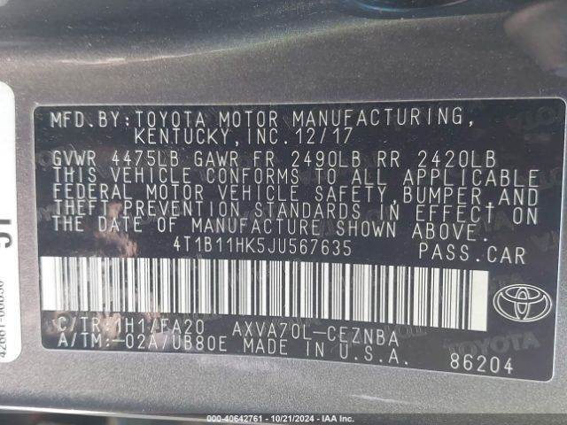 2018 TOYOTA CAMRY 4T1B11HK5JU567635 Photo 8