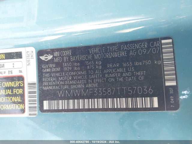 2007 MINI COOPER HARDTOP WMWMF33587TT57036 Photo 8