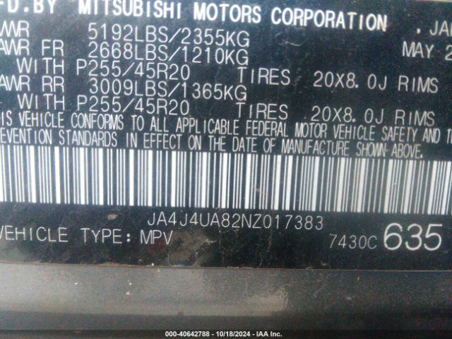 JA4J4UA82NZ017383 Mitsubishi Outlander Black Edition /se 2.5 /se Launch Edition