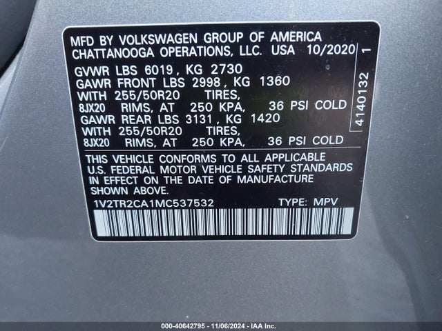 1V2TR2CA1MC537532 Volkswagen Atlas 3.6l V6 Sel Premium