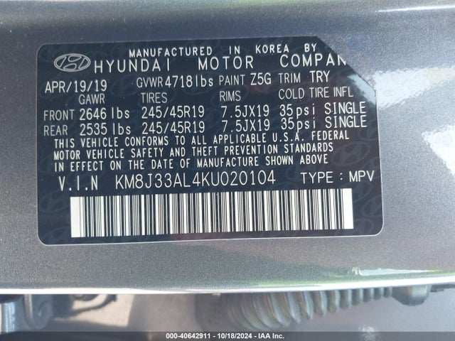 Hyundai Tucson Night 2019 KM8J33AL4KU020104 Image 9