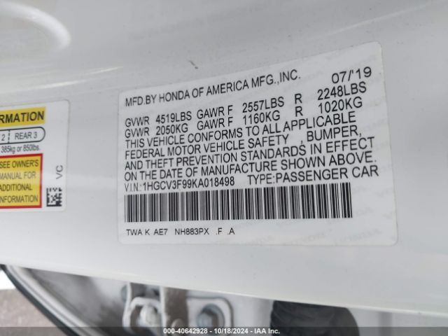 1HGCV3F99KA018498 Honda Accord Hybrid Touring